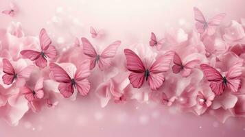 AI generated Blossoming sakura flowers and flying butterfly against beautiful background macro in wildlife, soft focus. Elegant artistic image nature scene beauty of environment. Generative AI photo