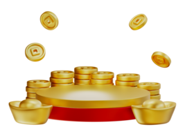 feliz chinês Novo ano riqueza e prosperidade com pódio, chinês dinheiro e dourado moedas. 3d elementos ásia festival para bandeira, poster, panfletos, cumprimento cartão. 3d Renderização png