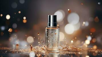 AI generated Luxury perfume, cosmetic premium glass bottle. Banner, poster for beauty promotion of elegant product for ads on draped silk fabric clothing elegants background with pearls. Generative AI photo