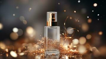 ai generado lujo perfume, cosmético prima vaso botella. bandera, póster para belleza promoción de elegante producto para anuncios en cubierto seda tela ropa elegantes antecedentes con perlas generativo ai foto