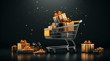 Black Friday sale concept. Shopping Cart with gift boxes on a dark scene. Discount or sale marketing advertisement for poster, Ads, web banner, flyers, banners, brochure. Generative AI photo
