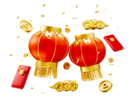 Happy chinese new year wealth and prosperity with chinese lanterns and golden coins, gold cloud and confetti. 3D Elements asian festival for banner, poster, flyers, greeting card. 3d rendering png