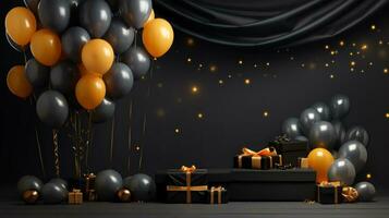 Black Friday sale background with balloon and gift boxes on a dark scene. Discount or sale marketing advertisement for poster, Ads, web banner, flyers, banners, brochure. Generative AI photo