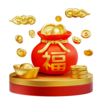 gelukkig Chinese nieuw jaar rijkdom en welvaart met podium, Chinese geld tas, wolk en gouden munten. 3d elementen Aziatisch festival voor banier, poster, flyers, groet kaart. 3d renderen png