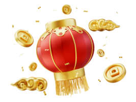 Happy chinese new year wealth and prosperity with chinese lanterns and golden coins, gold cloud and confetti. 3D Elements asian festival for banner, poster, flyers, greeting card. 3d rendering png