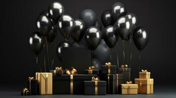 Black Friday sale background with balloon and gift boxes on a dark scene. Discount or sale marketing advertisement for poster, Ads, web banner, flyers, banners, brochure. Generative AI photo