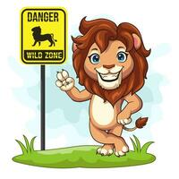 Cartoon lion raises two fingers with a warning sign vector