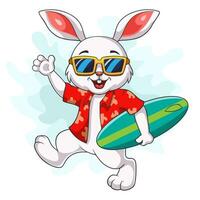 cartoon white rabbit carrying a surfboard vector