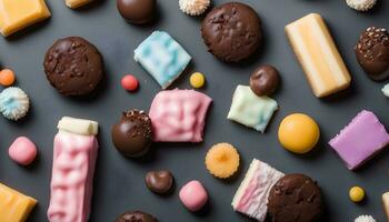 AI generated assorted sweets on a dark surface photo