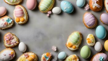 AI generated easter eggs and pastries on a table photo