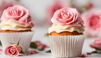 ai generado dos magdalenas con rosado rosas en un blanco mesa foto