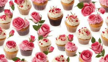AI generated many cupcakes with pink roses on them photo