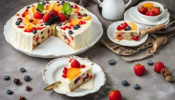 AI generated a cake with fruit on top and a slice missing photo