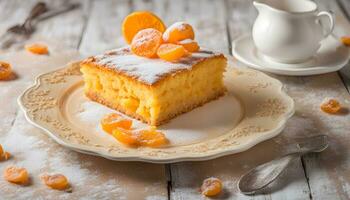 ai generado un pedazo de pastel en un plato con naranja rebanadas foto