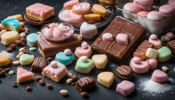 AI generated assortment of sweets and candies on a black background photo