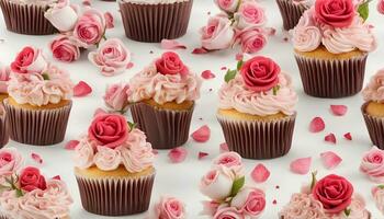 AI generated cupcakes with pink frosting and roses on a white background photo