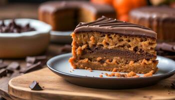 AI generated a slice of cake with chocolate frosting on a plate photo