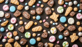 ai generado un vistoso surtido de galletas y golosinas en un oscuro antecedentes foto