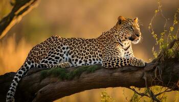ai generado un leopardo es sentado en un rama en el salvaje foto