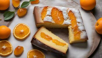 AI generated a piece of cake with orange slices on top photo