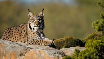 ai generado un lince es sentado en un rock en el salvaje foto