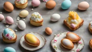 AI generated easter eggs and pastries on a table photo