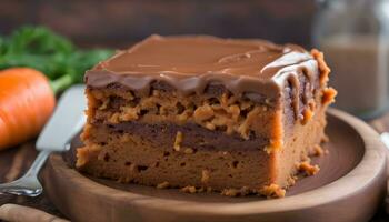 AI generated carrot cake with chocolate frosting on a wooden plate photo