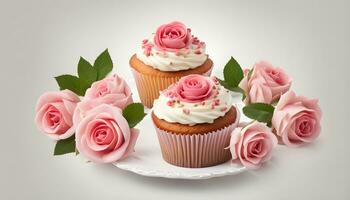 ai generado dos magdalenas con rosado rosas en un blanco plato foto