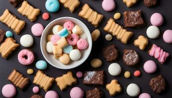 AI generated a bowl of colorful cookies and candy on a black background photo