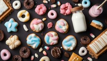 ai generado varios galletas y pasteles en un negro antecedentes foto