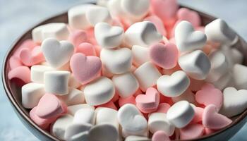 AI generated a bowl of marshmallows with hearts on top photo