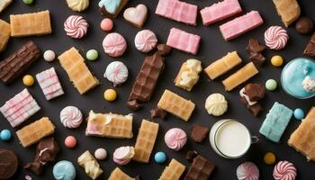 AI generated assorted sweets and candies on a black background photo