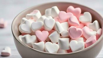 AI generated a bowl filled with marshmallows and pink hearts photo