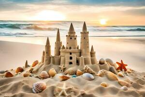 AI generated a sand castle on the beach with shells and seashells photo