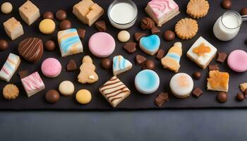 AI generated assorted cookies and milk on a black slate photo