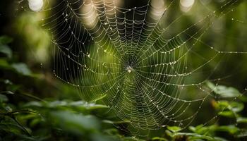 AI generated a spider web is shown in the middle of a forest photo