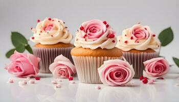 AI generated three cupcakes with pink frosting and red roses photo