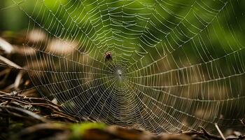 AI generated a spider web is shown in the middle of a forest photo