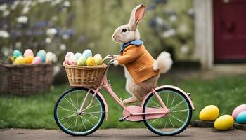 AI generated a bunny in an orange jacket rides a bike with a basket full of easter eggs photo