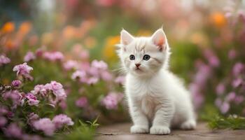 ai generado un blanco gatito es en pie en frente de flores foto