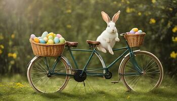 AI generated a bunny riding a bicycle with baskets full of easter eggs photo