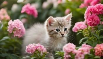 ai generado un gatito es en pie en un campo de rosado flores foto