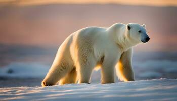 ai generado un polar oso es caminando a través de el nieve cubierto suelo foto