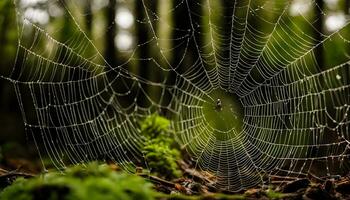 AI generated a spider web is shown in the forest photo