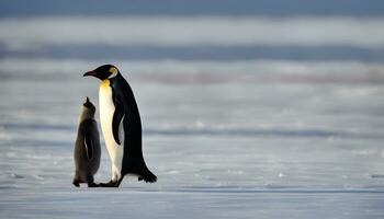 ai generado Rey pingüino con su polluelo en el hielo foto