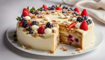 AI generated a white cake with berries and nuts on top photo