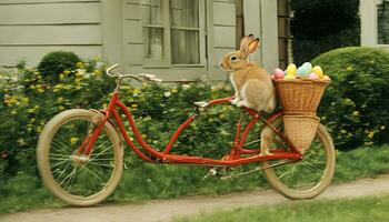 ai generado un conejito sentado en un bicicleta foto