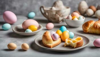 AI generated colorful easter eggs on plates with bread photo