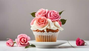 AI generated cupcake with pink roses on a white plate photo