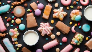 AI generated assortment of colorful sweets on a black background photo